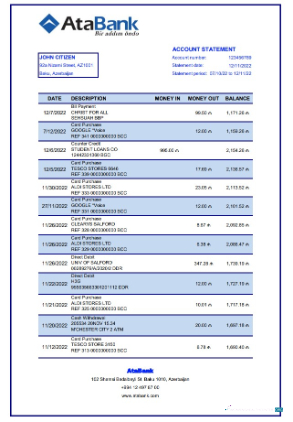 Download Azerbaijan AtaBank bank statement excel Photoshop template